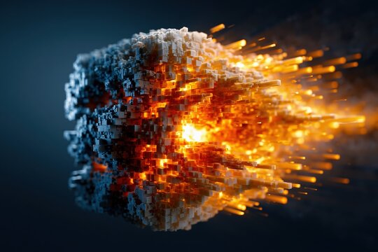 Pixel 3D cloud abstract comet with fiery particle trail