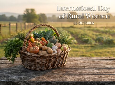 Fresh vegetables in a wicker basket on a wooden table for international day of rural women