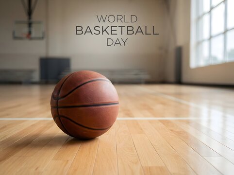 Orange basketball ball resting on the wooden floor of a bright indoor sports court gym