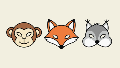 Fototapeta premium Three cartoon animal face masks representing a monkey, a fox, and a wolf arranged in a row on a light background.