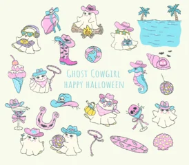 Retro western cute kawaii ghost cowgirl characters, doodle hand drawn halloween illustration © Small Smiles_dimple