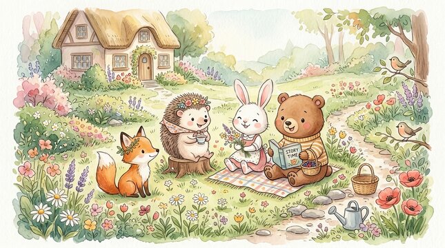 Cute cartoon animals enjoying storytime picnic in a whimsical garden scene illustration