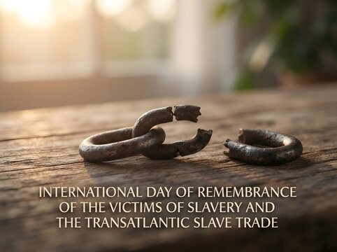 Broken metal chain on a wooden table for international day of remembrance of slavery