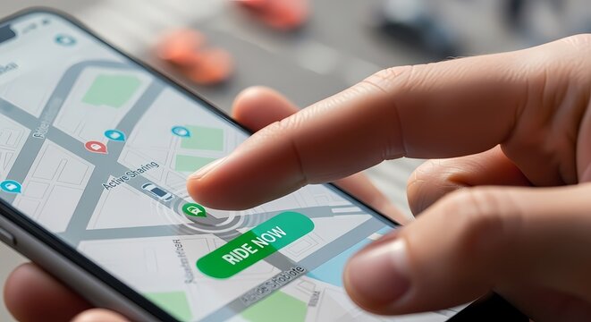 Booking a ride-sharing service on a smartphone app with GPS map