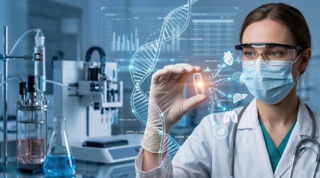 Scientist holding glowing capsule with DNA strand background, genetic research and pharmaceutical development concept, laboratory analysis of medicine and biological data for he...