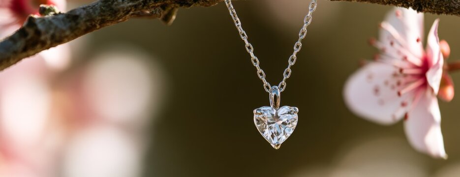 Silver heart necklace hanging from flower branch in springtime  