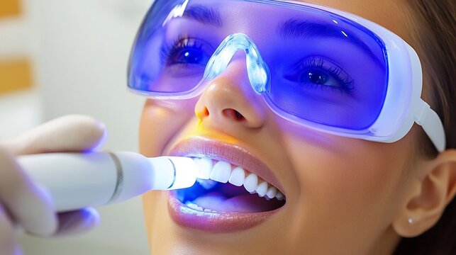 Close-up of a patient wearing blue protective goggles during a professional teeth whitening procedure with an LED light tool