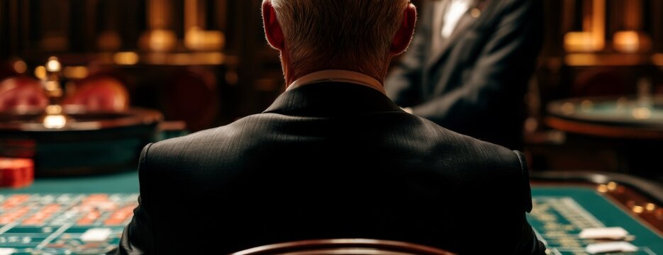 Senior Man sitting at a roulette table in a casino with focused expression  