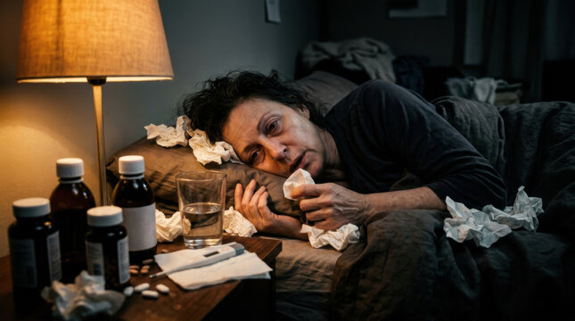 Sick Woman In Bed With Medicines And Tissues