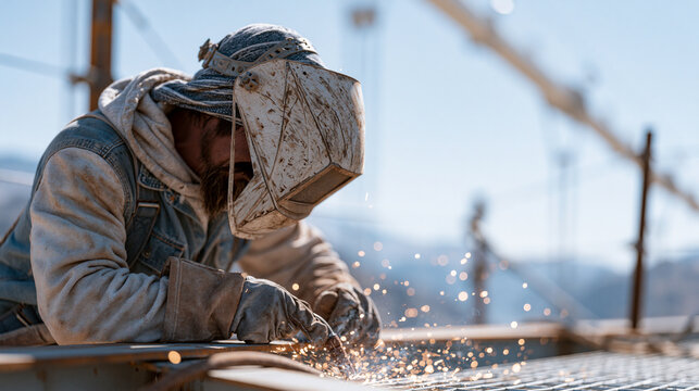 Structural steel welder on elevated beam of bridge expansion project, full face shield flipped up between passes, sparks cooling on walkway grating, river gorge visible hundreds