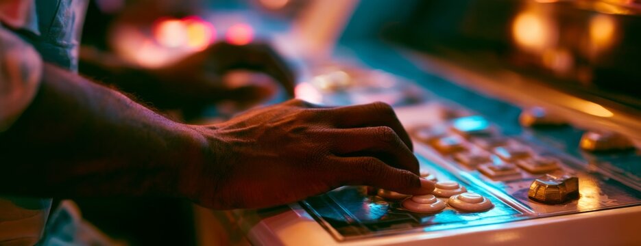 Close-up of hands playing arcade game with colorful buttons  