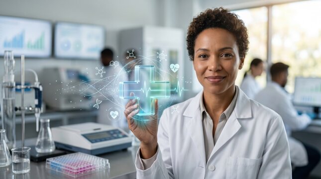 Female scientist in laboratory holding a glowing digital medical cross symbol, representing advanced healthcare technology, pharmaceutical research and modern medical innovation...