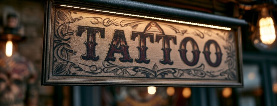 Vintage tattoo sign hanging outside a tattoo studio with decorative design  