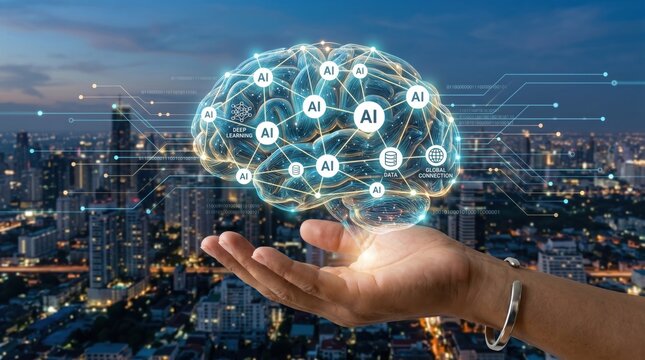 Artificial intelligence brain hologram held in hand over modern city skyline, deep learning concept, global connection and data processing technology background.
