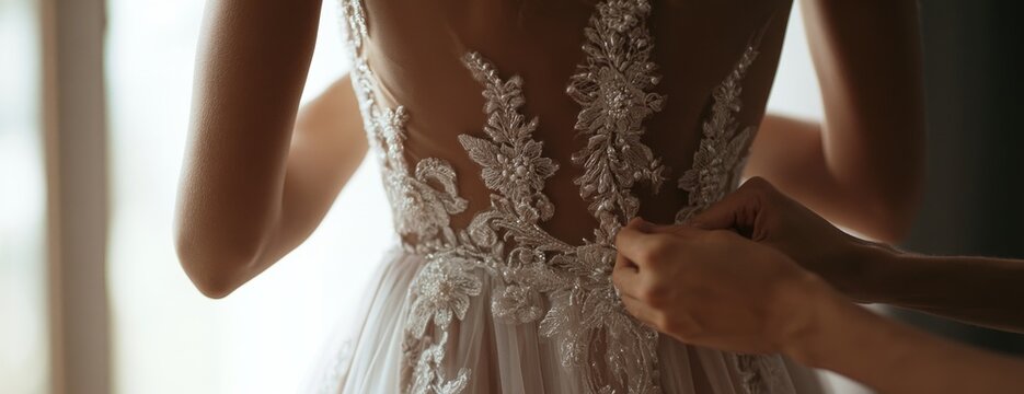 Bride getting dressed in wedding gown with lace details 