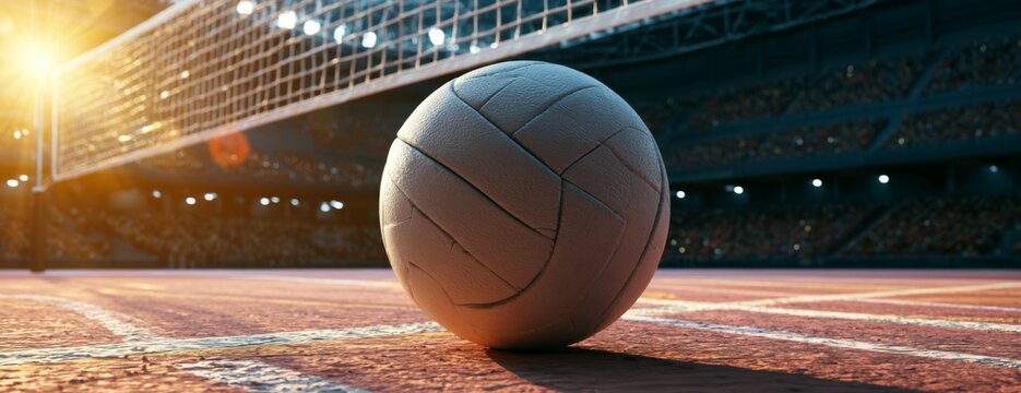 Volleyball on court with net and stadium lights at sunset  