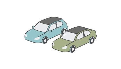 Fototapeta premium Minimalist isometric illustration of two modern passenger cars in blue and green colors, isolated on a white background.