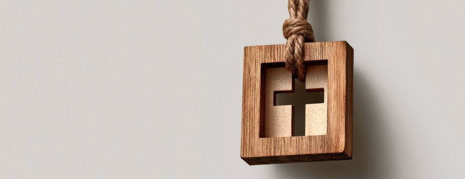 Wooden cross pendant hanging on simple beige background  