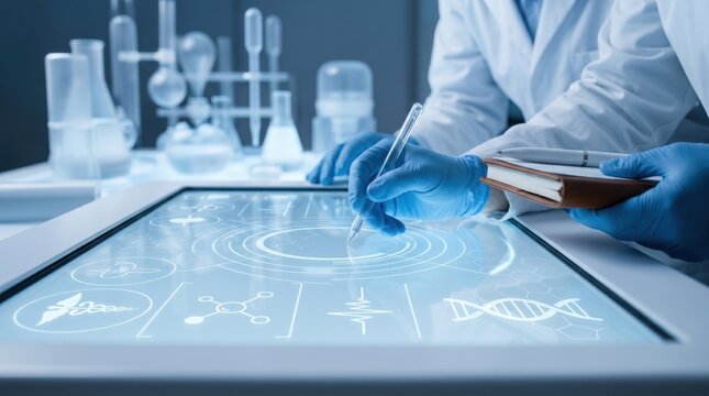 Scientist in blue gloves writing notes on a high-tech digital tablet displaying DNA and chemical structures in a sophisticated chemistry laboratory environment.