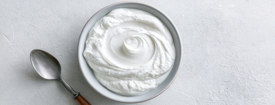 Yogurt in a bowl with a spoon on a simple light background  