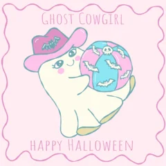 Cute kawaii ghost cowgirls holding bat pattern beach ball, hand drawn Halloween clipart illustration © Small Smiles_dimple