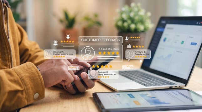 Customer feedback rating review displayed on mobile app interface with star ratings and comments, user experience analytics dashboard for service improvement insights.