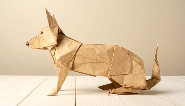 Origami Dog Sculpture Folded from Brown Kraft Paper Standing on a Light Wooden Surface Against a Neutral Background