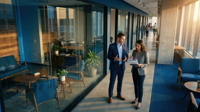 Business Colleagues Discussing Documents In Modern Office Hallway