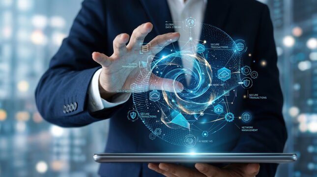Man in suit interacting with global network hologram, secure transactions and cloud access concepts, digital transformation technology, business communication and internet conne...