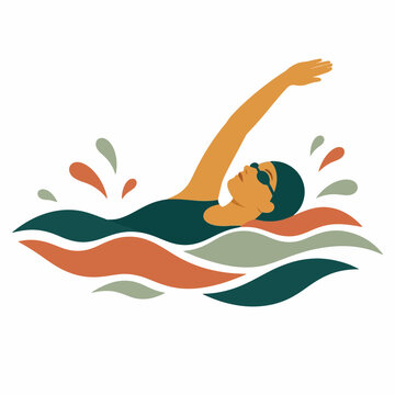 Minimalist vector illustration of a female swimmer performing backstroke in water with stylized teal, orange, and sage green waves and splashes, isolated on a white background.