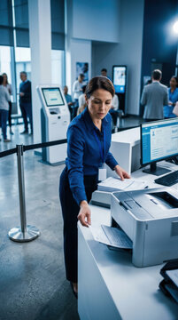 Professional Woman Working At A Service Desk In A Modern Office Environment Providing Customer