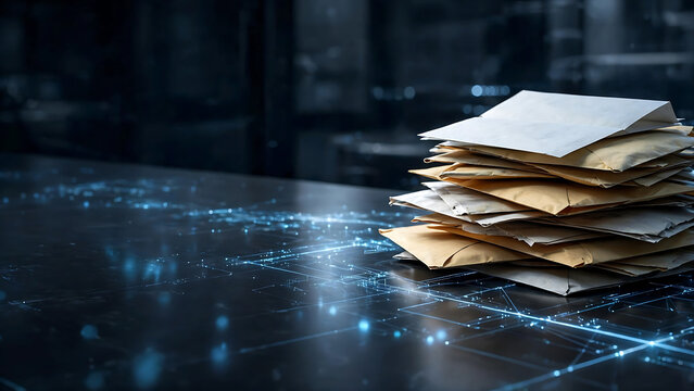 A stack of envelopes on a digital surface with illuminated circuits, representing data transmission and communication