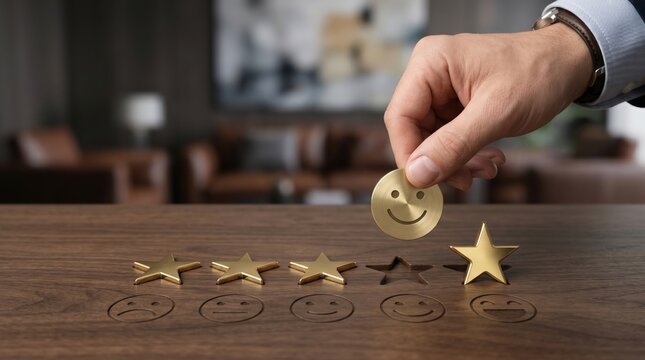 Hand placing gold smile coin on wooden table for customer satisfaction rating, positive feedback evaluation and quality service assessment concept for business improvement strategy