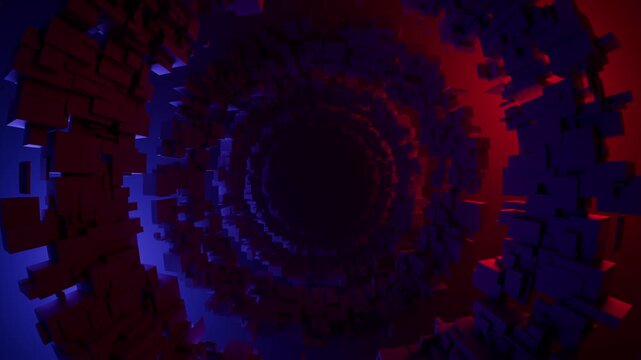 Infinite 3D tunnel made of floating circles of blocks illuminated with dramatic red and blue lights. Loopable abstract animation of geometric corridor structure in dark sci fi style. VJ loop 4K 60fps