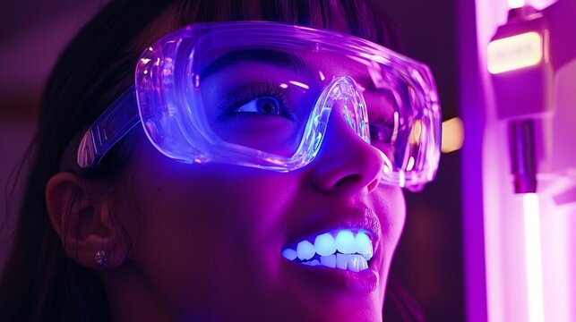 Close-up of a person wearing protective goggles during a teeth whitening session with neon purple and blue ambient lighting