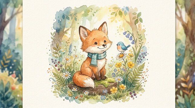 Cute cartoon fox sitting in a forest with flowers and a bird nearby