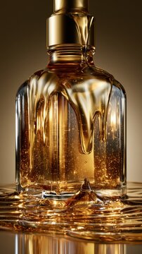 Luxury golden serum cosmetic bottle dripping with thick glossy oil and glowing sparkling particles, reflecting metallic gold tones on liquid surface in a premium beauty product close up studio shot.
