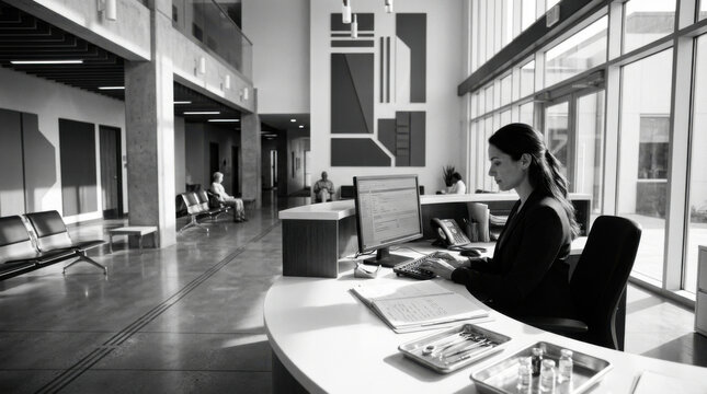 Professional Woman Working At Reception Desk In Modern Office Environment