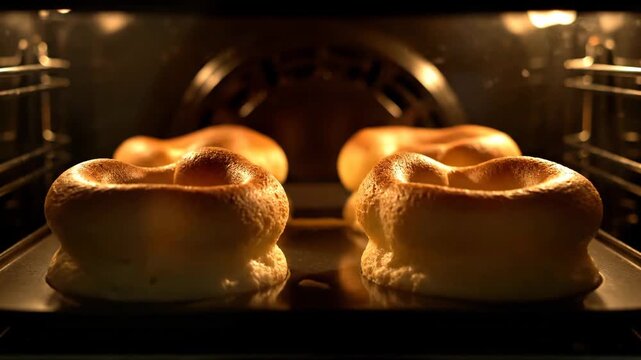 Yorkshire puddings baking in oven, golden brown Yorkshire pudding