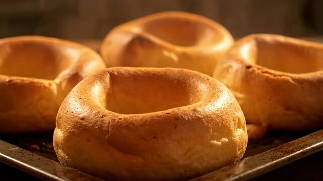 Freshly baked Yorkshire puddings on a baking tray