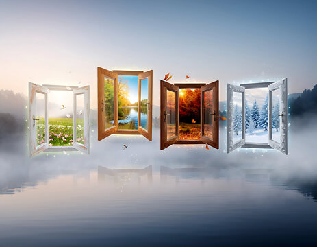 Magical Four Seasons Open Window Collection with Spring Summer Autumn Winter Nature Views, Fantasy Seasonal Landscape Illustration