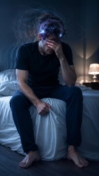 Man suffering from headache and migraine sitting on bed at night. Mental exhaustion, stress and insomnia concept. Psychological distress and chronic pain. Concept of sleepless night.