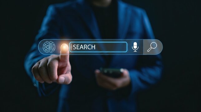 Businessman interacting with futuristic virtual search bar featuring artificial intelligence brain icon, digital technology concept for web browsing and data finding.