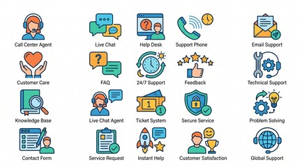 Naklejka premium A comprehensive set of twenty colorful flat design icons depicting various customer service, technical support, and online assistance solutions.