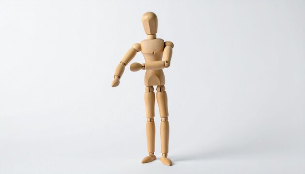Artistic Wooden Mannequin Standing Upright with Arms Gesturing Downward Isolated on a Plain White Background