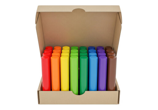 Set of colorful wax crayons in an open cardboard box