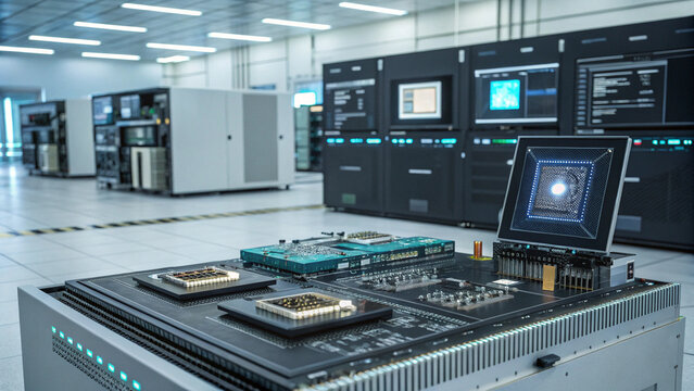 Futuristic laboratory showcases advanced quantum computing technology with glowing screens and processors