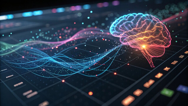 Digital brain with colorful neural pathways visualizes quantum machine learning on futuristic interface