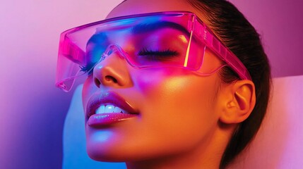 Fototapeta premium Side profile close-up of a person wearing pink protective goggles during a teeth whitening treatment with vibrant neon lighting