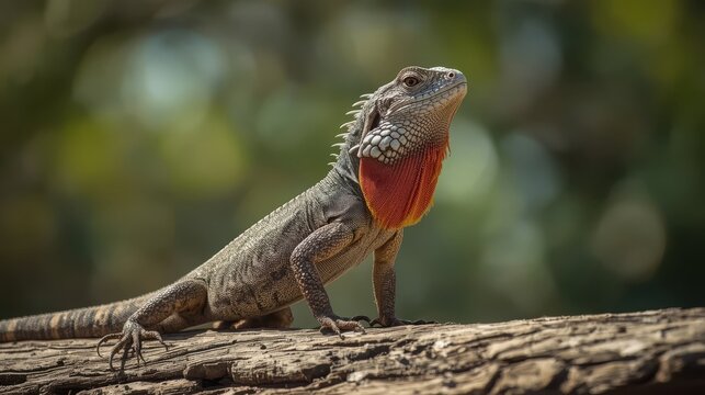 Frilled-neck Lizard with its colorful neck frill fully flared, standing on a sun-baked log, alert posture. Generative AI